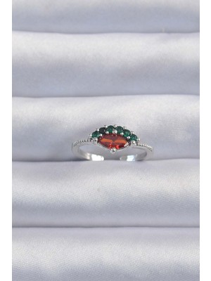 Pirinç Gümüş Renk Renkli Zirkon Taşlı Ayarlanabilir Karpuz Model Yüzük Nemere