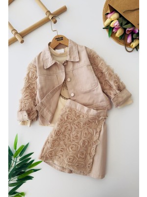 Miniğimin Cicileri Gül Aplike Detaylı Ceketli Kız Çocuk 3 Lü Takım - Bej