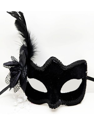 Nemere Siyah Renk Yandan Tüylü Beyaz Incili Süet Kaplama A Kalite Lüks Parti Maskesi 20X23 cm (4887)