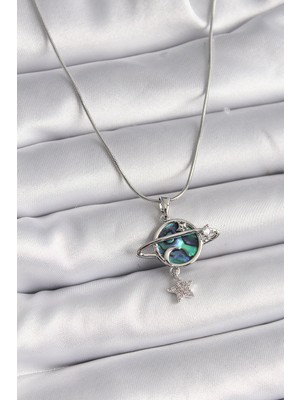 316L Çelik Gümüş Renk Zincir Zirkon Taşlı Gezegen Model Kadın Kolye Nemere