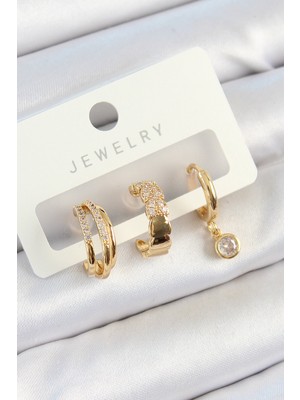 Pirinç Zirkon Taşlı Halka Model Gold Renk 3'lü Çift Kadın Küpe Set Nemere
