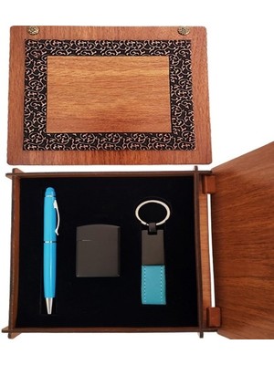 Dekoratif Ahşap Kutulu Çakmak ve Mavi Kalem Anahtarlık Set Nemere
