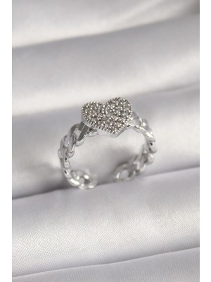 Pirinç Gümüş Renk Zirkon Taşlı Kalp Model Kadın Yüzük Nemere