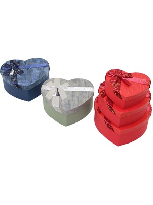Nemere 3pcs Kalp Çizgili Mix Renkli - Kabartma Desen Karton Hediye Kutusu Kurdelalı 22X20-19X17-16X1