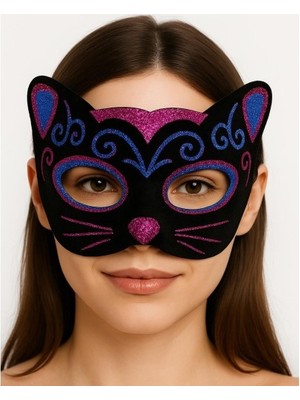 Siyah Kadife Kaplama Üzeri Pembe Mavi Sim Işlemeli Kedi Maskesi 20X13 cm Nemere