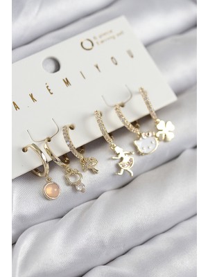 Pirinç Zirkon Taşlı Hello Kity ve Yonca Model Gold Renk 6'lı Küpe Set Nemere