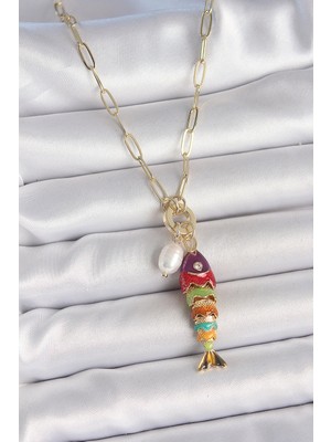 Inci Detaylı Zirkon Taşlı Rainbow Balık Figürlü Gold Renk Pirinç Kolye Nemere