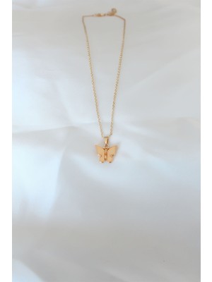 Gold Kaplama Sarı Renk Sedefli Kelebek Kolye Nemere