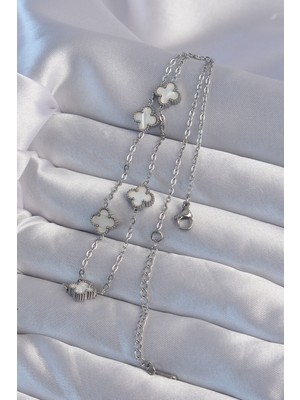 316L Çelik Gümüş Renk Minimal Beyaz Sedefli Yonca Kolye Nemere