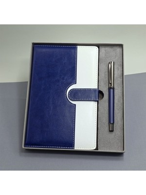 Mavi Beyaz Deri Kapaklı Defter ve Metal Kalem Set Nemere