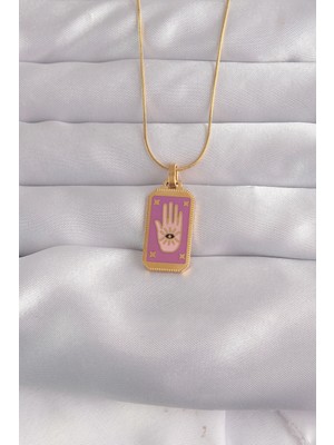 316L Çelik Gold Renk Mor Mineli El Figür Tarot Kolye Nemere