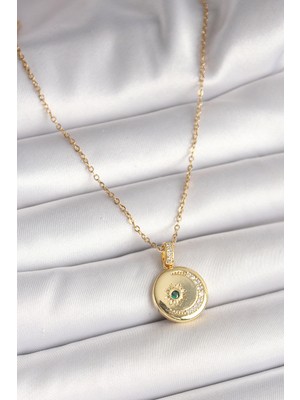 Nemere 316L Çelik Gold Renk Zincir Zirkon Taş Işlemeli Hilal Yıldız Işlemeli Madalyon Model Kadın