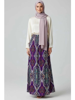 Tesettür Diyarı Kadın Etnik Desen Uzun Etek - Mor