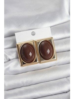 Kahverengi Kare Model Vintage Gold Renk Kadın Küpe Nemere