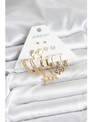 Gold Renk Yıldızlı Set 6 Çift Kadın Küpe Seti Nemere