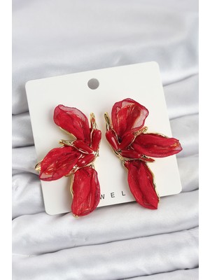 Lotus Model Kırmızı Renk Tüllü Kadın Küpe Nemere