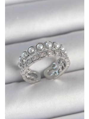 Pirinç Gümüş Renk 2'li Sıra Zirkon Taşlı ve Incili Ayarlanabilir Kadın Yüzük Nemere