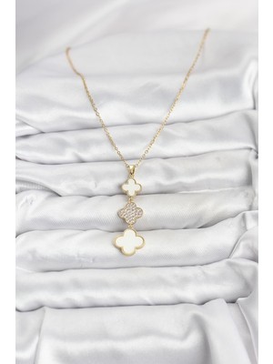 316L Çelik Zincir Gold Renk Yonca Detaylı Zirkon Taşlı Kadın Kolye Nemere