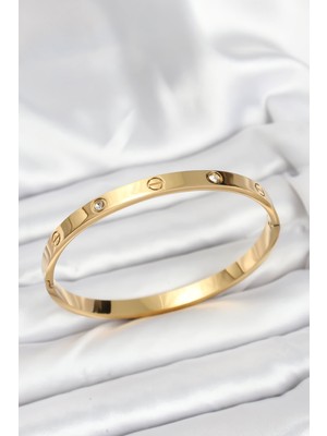 316L Çelik Gold Renk Zirkon Taşlı 65 mm Kadın Kelepçe Bileklik Nemere