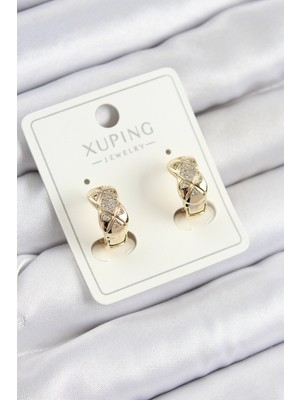 Xuping Zirkon Taşlı Geometrik Desenli Halka Model Gold Renk Kadın Küpe Nemere