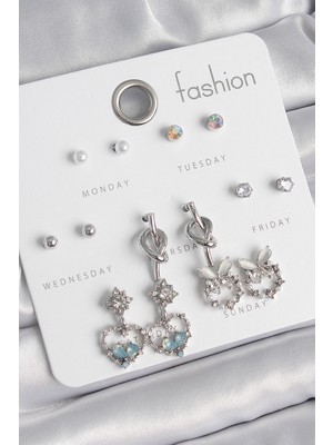 Nemere Pirinç Gümüş Renk Sallantı Zirkon Taşlı Kalp Model Düğüm Detay 7 Çift Kadın Küpe Seti N