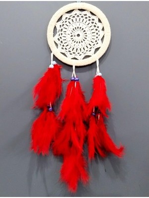 Kırmızı Kuş Tüylü Dream Catcher El Yapımı Düş Kapanı Duvar Süsü Nemere