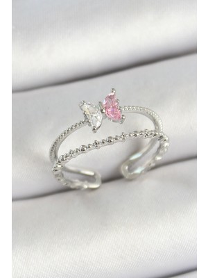 Pirinç Kelebek Figürlü Zirkon Taşlı Gümüş Renk Ayarlanabilir Kadın Yüzük Nemere