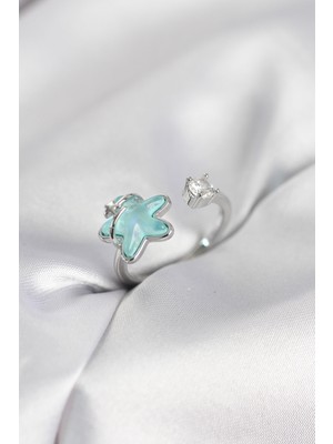 Gümüş Renk Turkuaz Yıldız Model Kadın Yüzük Nemere