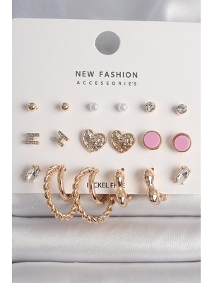 Nemere Pirinç Gold Renk Zirkon Taşlı Burug Halka Model Işlemeli Kalp Detay 9 Çift Kadın Küpe Seti N