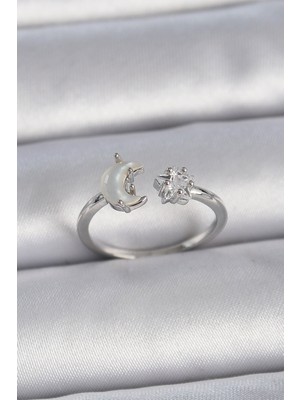 Pirinç Gümüş Renk Incili Hilal Zirkon Taşlı Yıldız Ayarlanabilir Kadın Yüzük Nemere