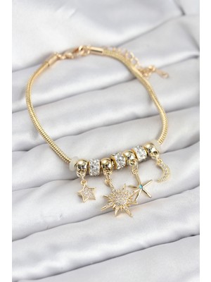 Pirinç Gold Renk Güneş Tema Charmlı Kadın Bileklik Nemere