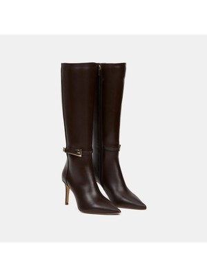 Desa Kadın Kahve Sivri Burunlu İnce Topuklu Deri Çizme