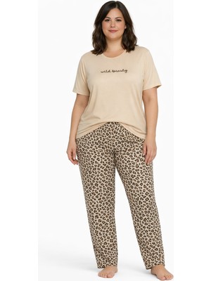 Burcumay Büyük Beden Leoparlı Rahat Kesim Milan Kumaş Desenli Kadın Pijama Takımı
