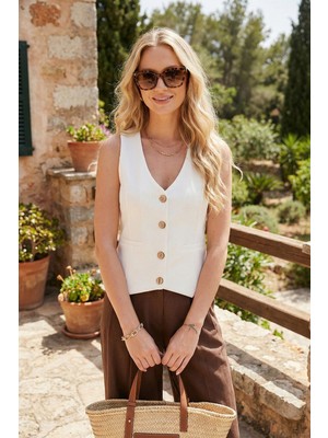 Lela Fittili Regular Fit V Yaka Düğmeli Yelek Bayan Yelek 5866559