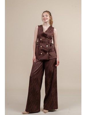 MissVina Yan Biye Detaylı Yelek ve Beli Lastikli Cepli Pantolon Takım 1268