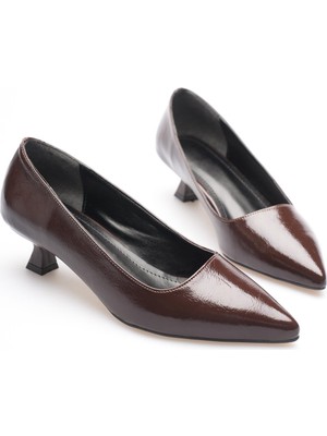 Zerenyus ZR20MS03 Premium Acı Kahve Kırışık Rugan Kadın Günlük Kısa Topuklu Stiletto