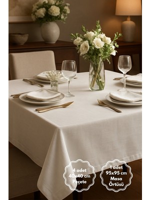 Bimotif 5 Parça Osmanlı Ipeği Sofra Seti (1 Adet Masa Örtüsü, 4 Adet Peçete)  Beyaz