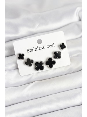 Luz&Pos 316L Çelik Gümüş Siyah Renk 3 Boy Yonca Küpe Seti