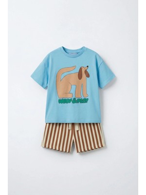 Magu Çocuk Pamuklu Mavi Köpek Baskılı T-Shirt ve Çizgili Şort Takım