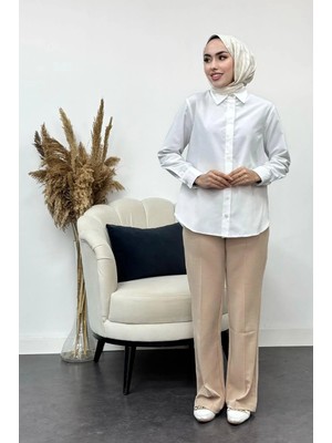 Tesettür Diyarı Çimalı Likralı Krep Kumaş Pantolon-Krem