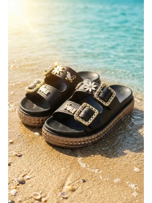 Nmoda Kadın Platform Eva Terlik Altın Zincir Tokalı Papatya🌼 Kelebek 🦋 Charm Dolgu Taban Yazlık Sandalet