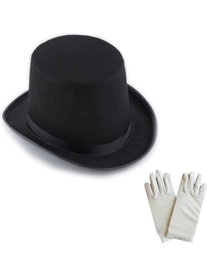 Siyah Sihirbaz Fötr Şapka 15 cm - 1 Çift Beyaz Sihirbaz Eldiveni - Yetişkin Boy