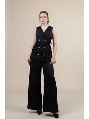 MissVina Yan Biye Detaylı Yelek ve Beli Lastikli Cepli Pantolon Takım 1268