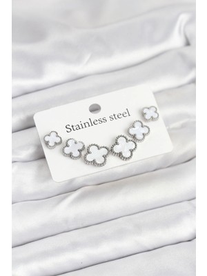 Luz&Pos 316L Çelik Gümüş Beyaz Renk 3 Boy Yonca Küpe Seti