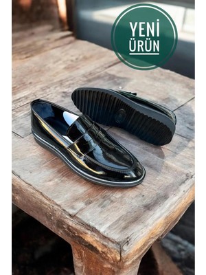 Romex Siyah Rugan Deri Loafer Bagcıksız Nişan Dügün Özel Günler Damatlık Klasik Erkek Ayakkabı