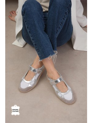 Mio Gusto Zoi Hakiki Deri Gümüş Renk Spor Fileli Babet
