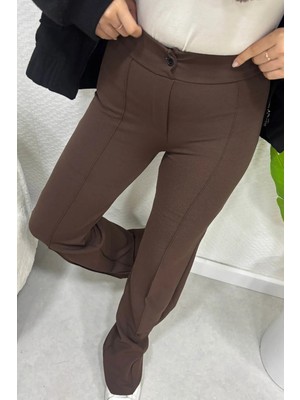 Tesettür Diyarı Çimalı Likralı Krep Kumaş Pantolon-Kahverengi