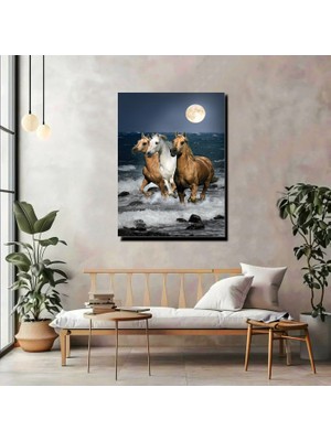 Artprinta Ay Işığında Deniz Koşan Atlar Kanvas Tablo – Doğa ve Özgürlük Temalı Duvar Dekoru