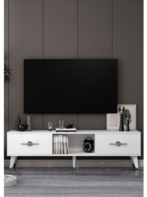 Demonte Decor 1388TV150DD-32 Tv Sehpası Beyaz-Gümüş