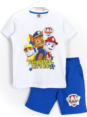 DobaKids Erkek Çocuk Paw Patrol Baskılı Alt Üst Şort Tişört Yazlık Takım Beyaz Mavi